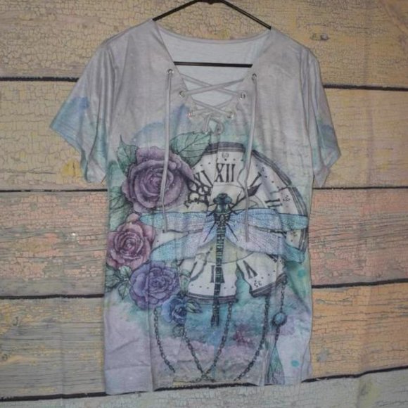 Medieval Sublimation Tattoo Dragonfly Clock Floral Fairy Gypsy Peasant Top Tee - Picture 2 of 5